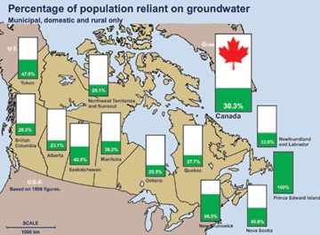 Map of Canada with percentage of population reliant on groundwater